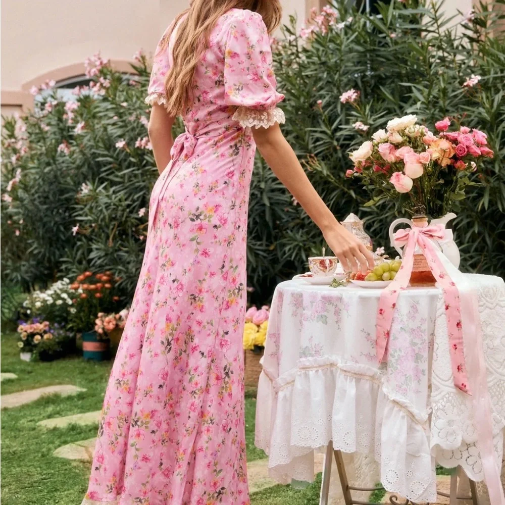 Lait Collection Divia Floral Georgette Midi Dress in Carnation Pink - Picture 8 of 11